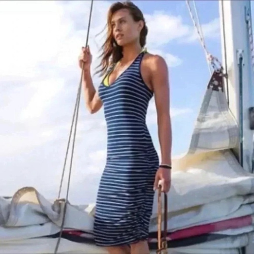 Athleta Ember Racer Back Navy and White Striped Maxi Dress Size Small